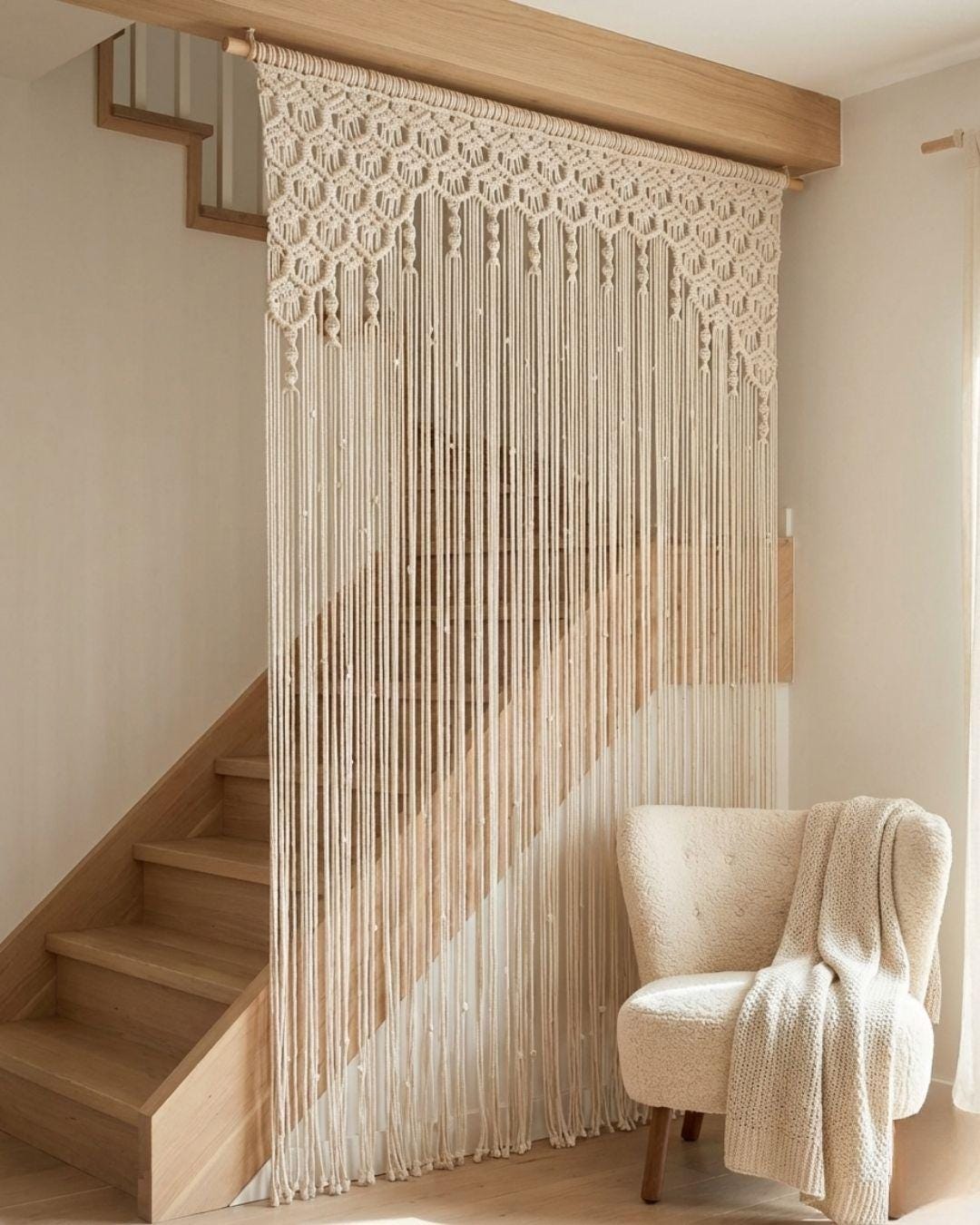 El Yapımı Düğüm Detaylı Makrome Perde – Boho Kapı, Balkon ve Duvar Dekoru