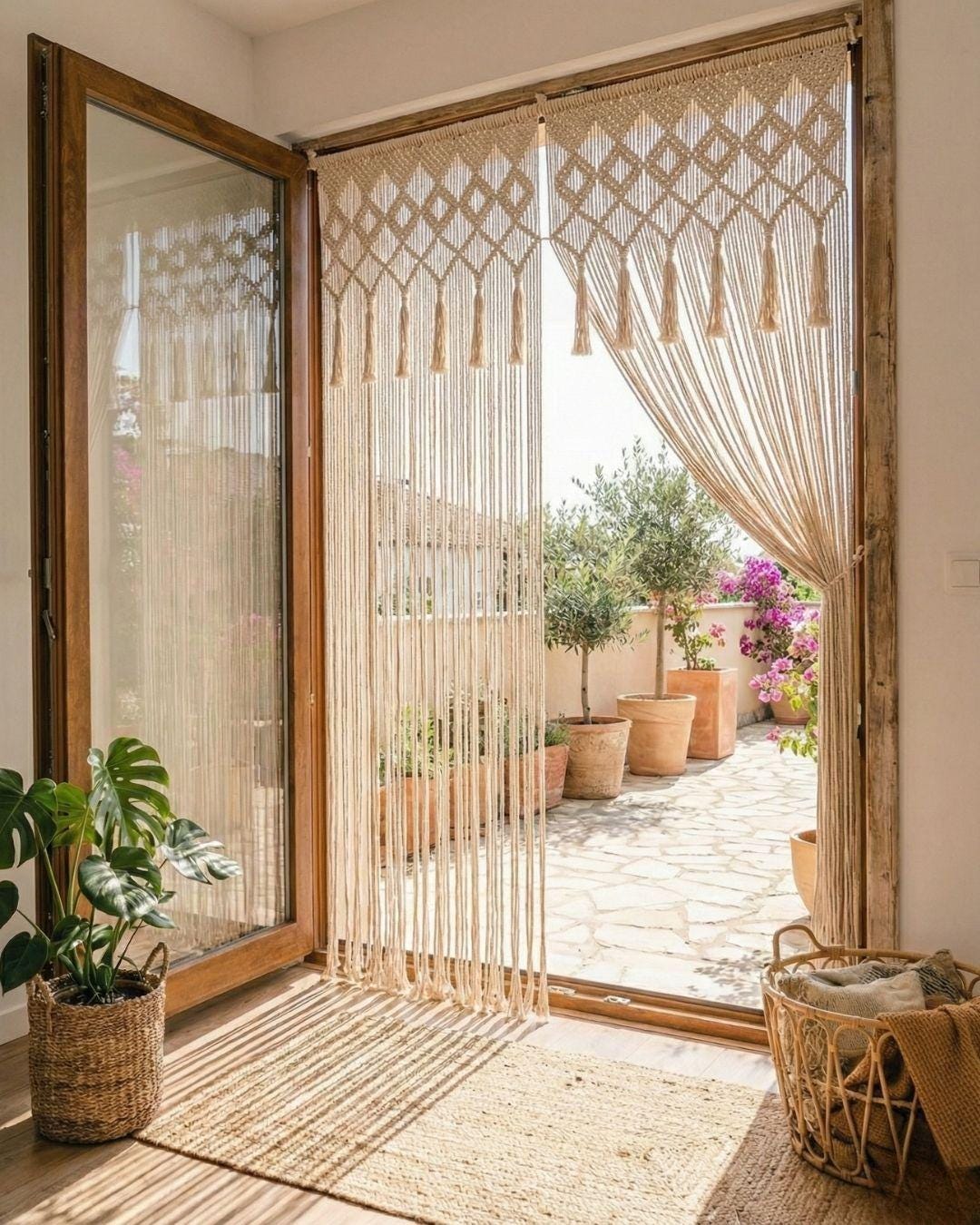 El Yapımı Geometrik Makrome Perde – Boho Kapı, Balkon ve Oda Bölücü Dekor