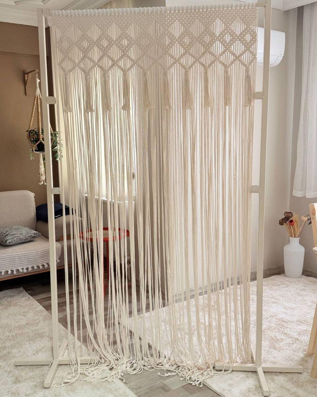 El Yapımı Geometrik Makrome Perde – Boho Kapı, Balkon ve Oda Bölücü Dekor